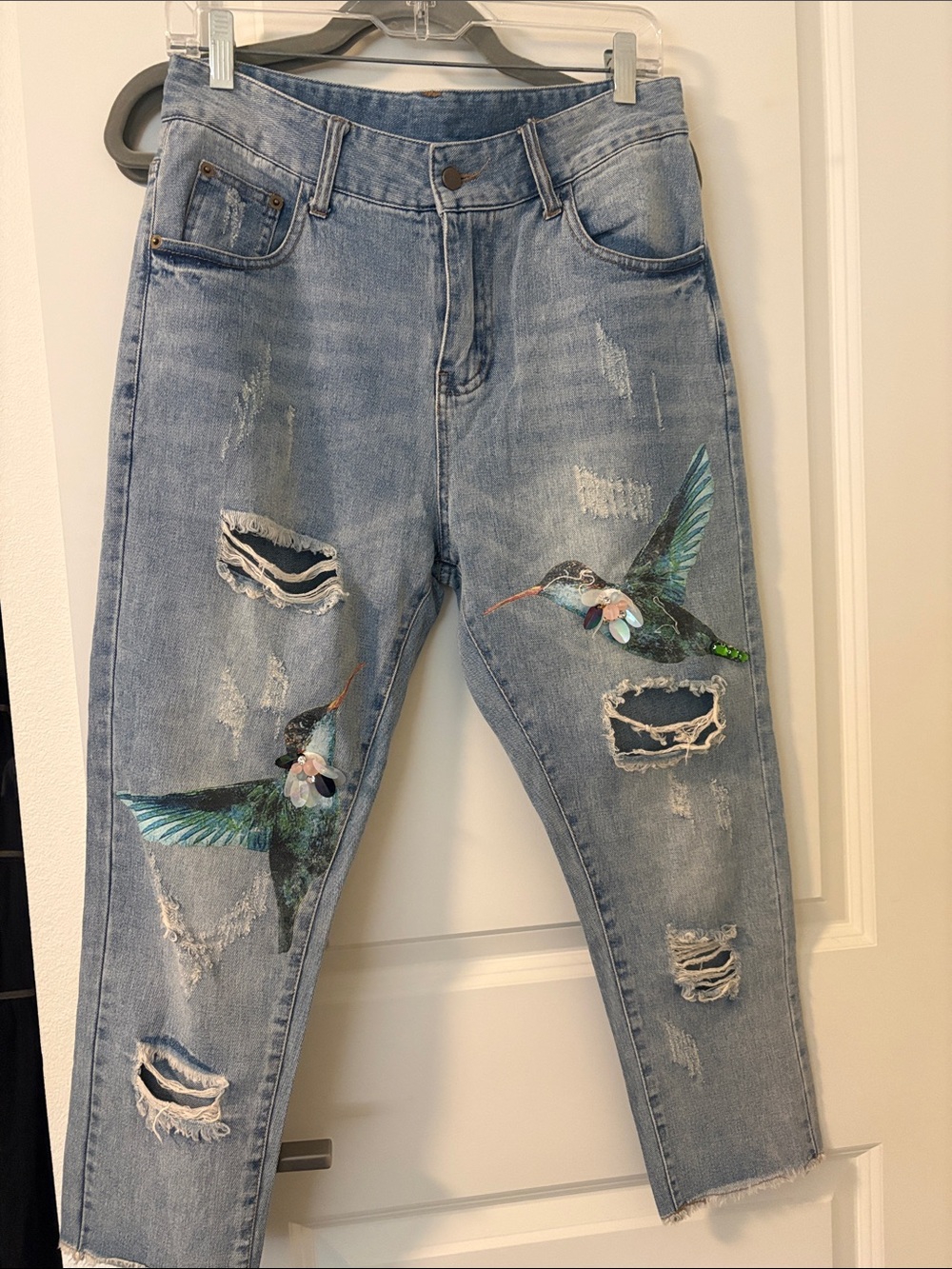Anthropologie On The Road Light Blue Distressed Boyfriend Jeans w/Hummingbirds